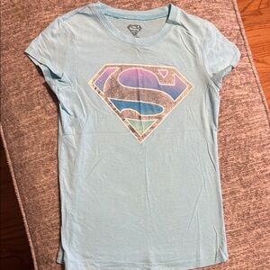 Girls Superman Tee Shirt Baby Blue Sz Large 10/12 DC Comics